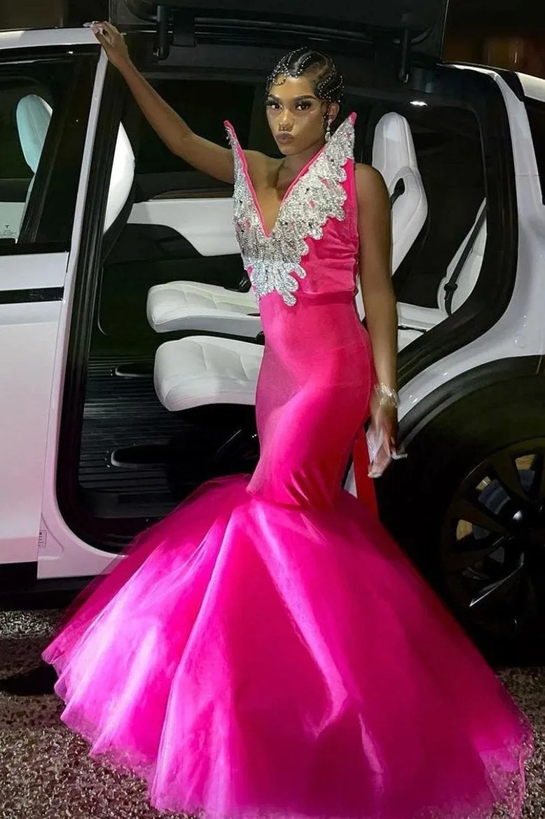 Mermaid V-Neck Staps Floor Length Sleeveless Backless Applique Ruffled Tulle Bowknot Prom Dress