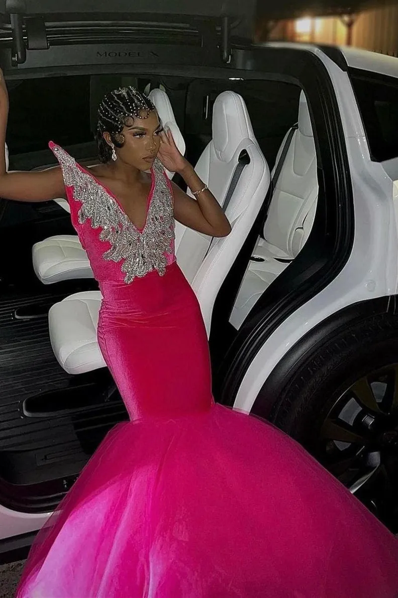 Mermaid V-Neck Staps Floor Length Sleeveless Backless Applique Ruffled Tulle Bowknot Prom Dress