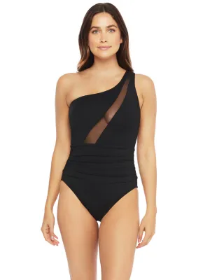 Mesh-Merizing Draped One Shoulder One Piece Black