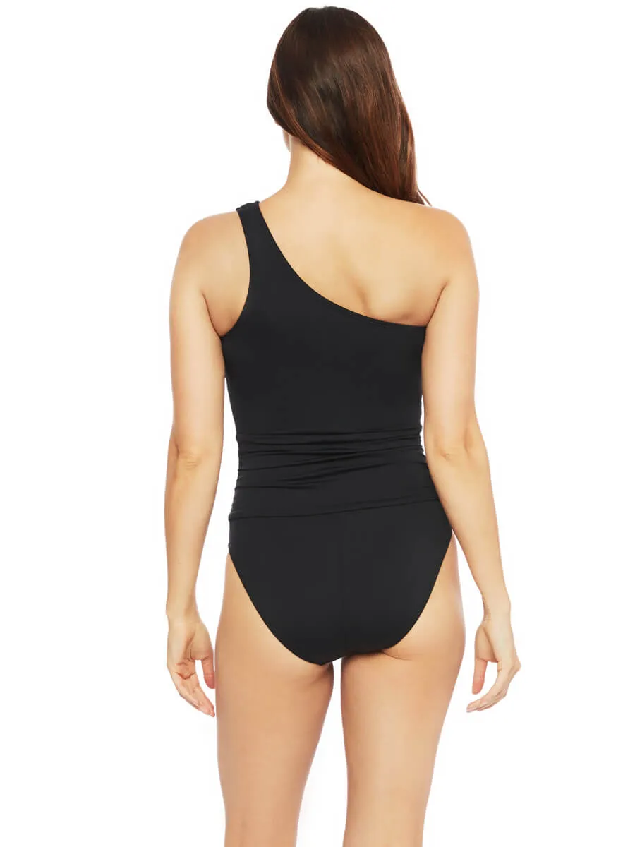 Mesh-Merizing Draped One Shoulder One Piece Black