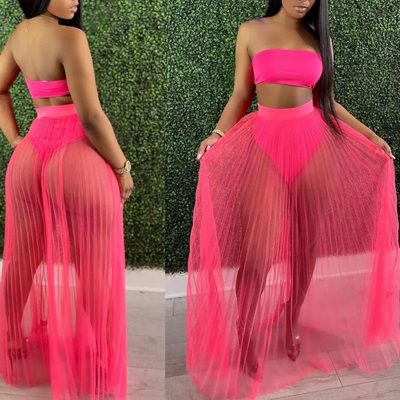 Mesh Pleated Skirt Wrapped Breast Top 3PCS Dress