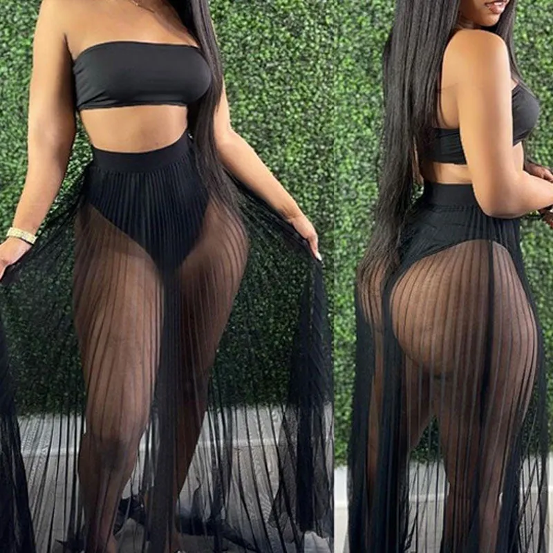 Mesh Pleated Skirt Wrapped Breast Top 3PCS Dress