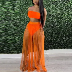 Mesh Pleated Skirt Wrapped Breast Top 3PCS Dress