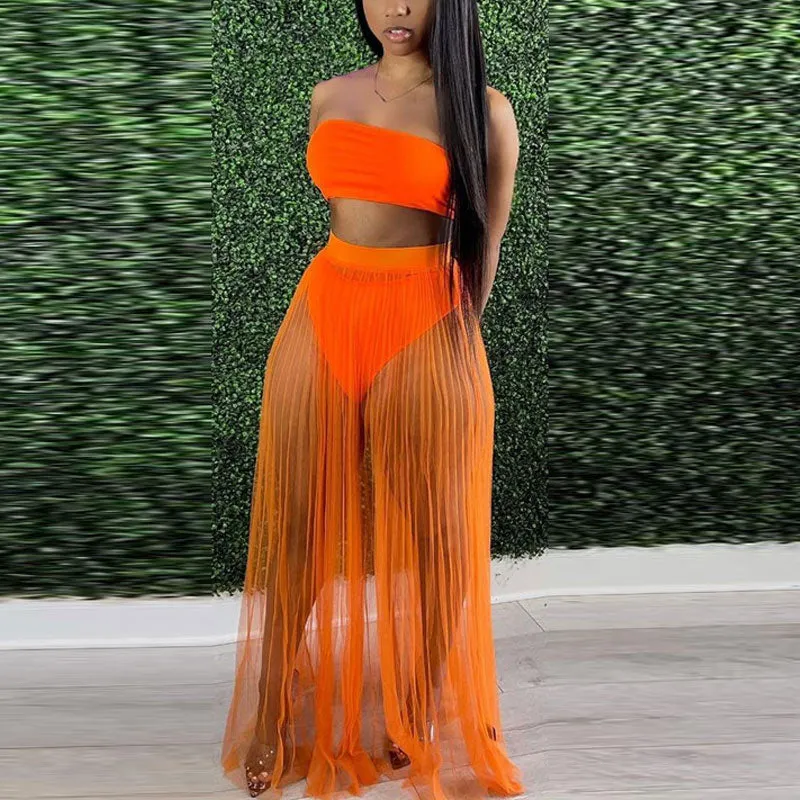 Mesh Pleated Skirt Wrapped Breast Top 3PCS Dress
