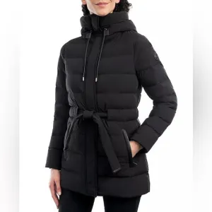 Michael Kors Down Black Quilted Puffer Hooded Down Fill Long Winter Coat LG
