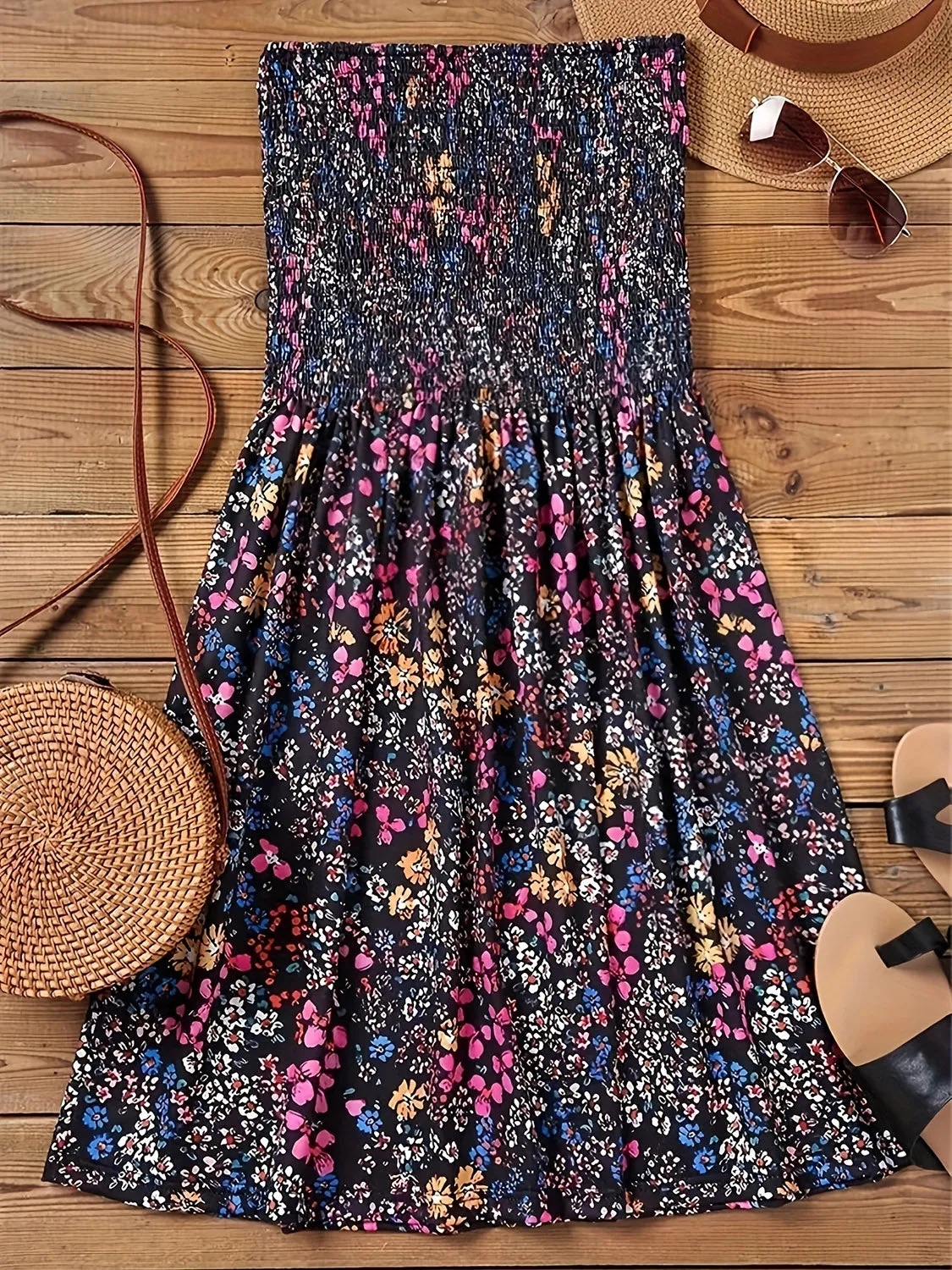 Molina Full Size Smocked Printed Tube Mini Dress