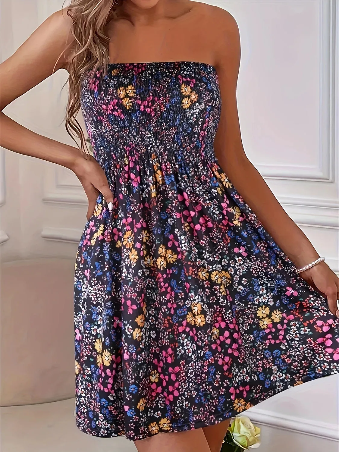Molina Full Size Smocked Printed Tube Mini Dress