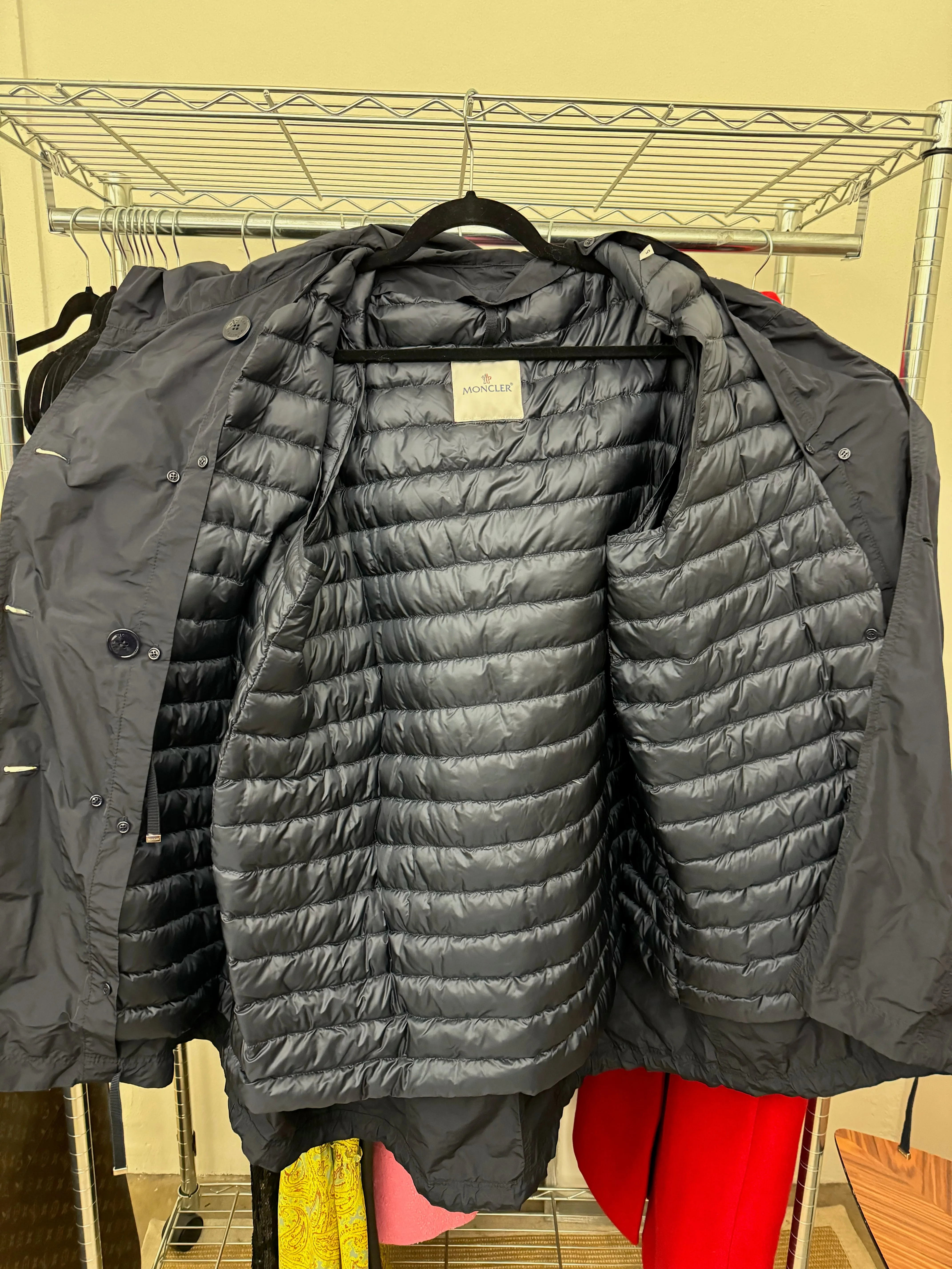 Moncler Baillet Double Breasted Hooded Parka Coat Navy Size 5