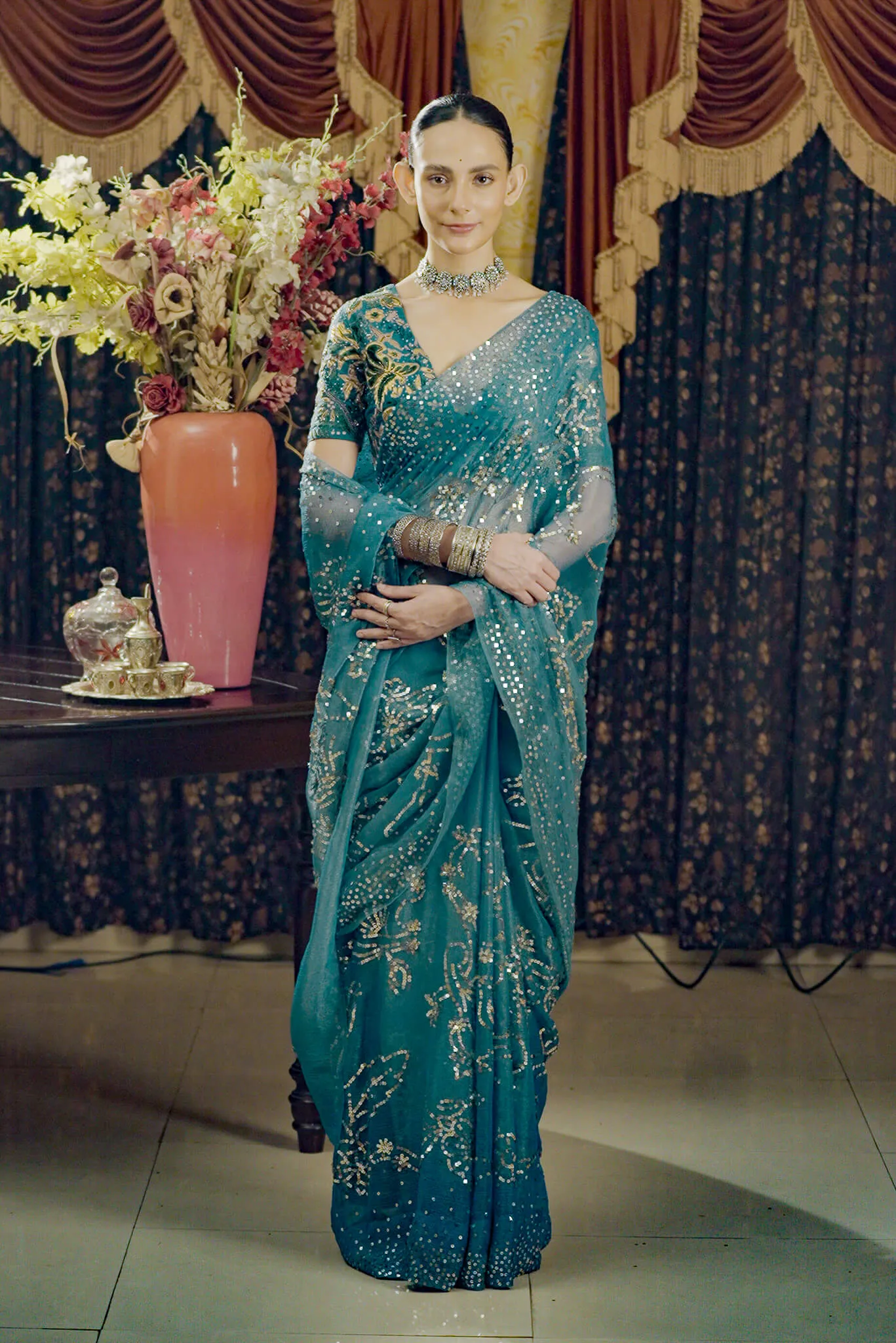 Moonray teal embroidered sari and blouse