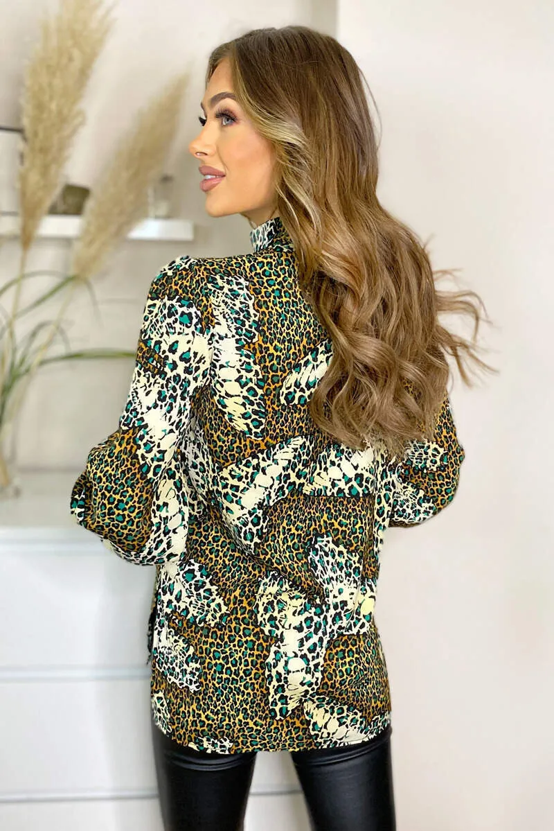 Multi Printed Cuff Sleeve High Neck Top