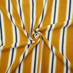 Mustard Yellow-Black-Ivory Poly Stripe Printed Pebble Crepe Woven Fabric