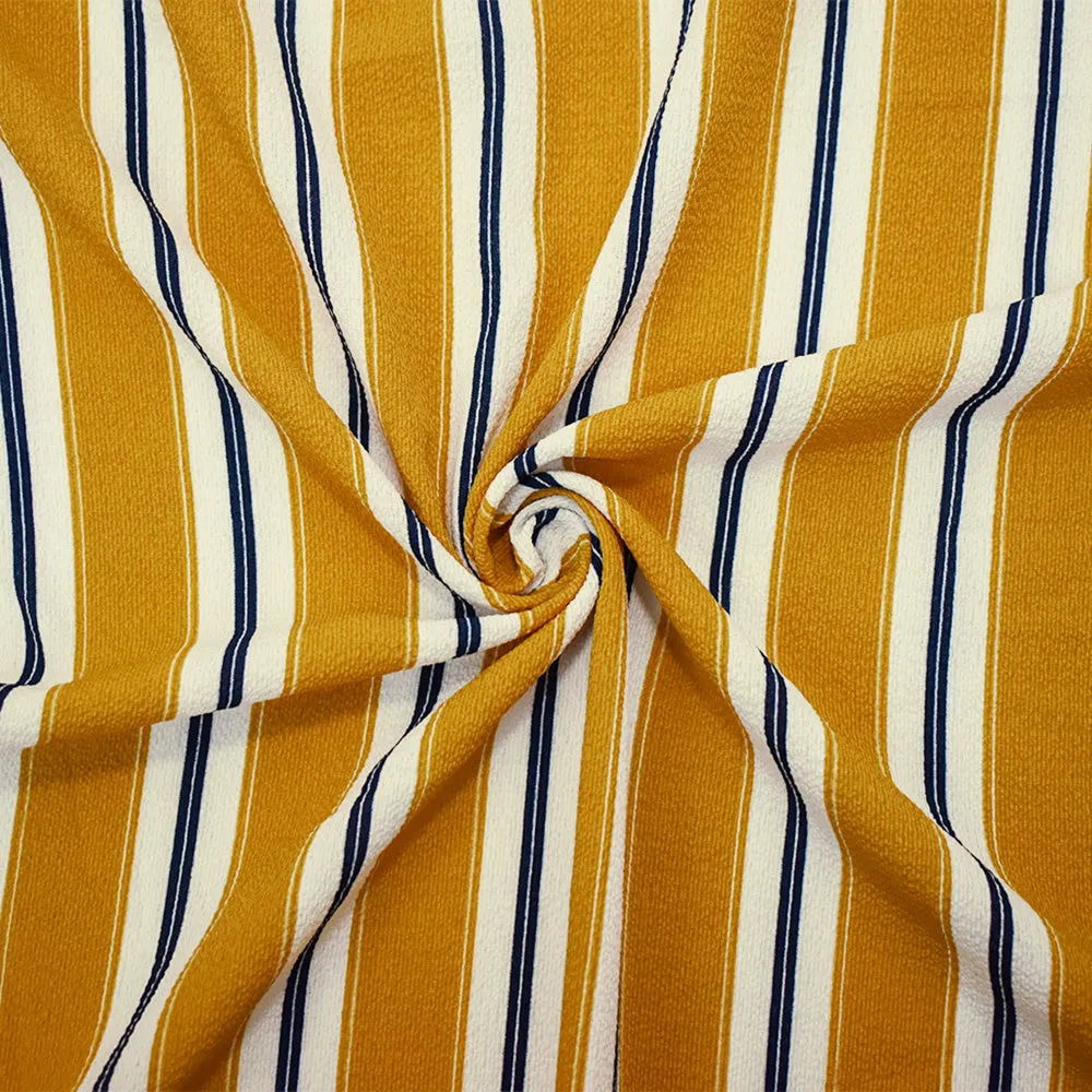 Mustard Yellow-Black-Ivory Poly Stripe Printed Pebble Crepe Woven Fabric