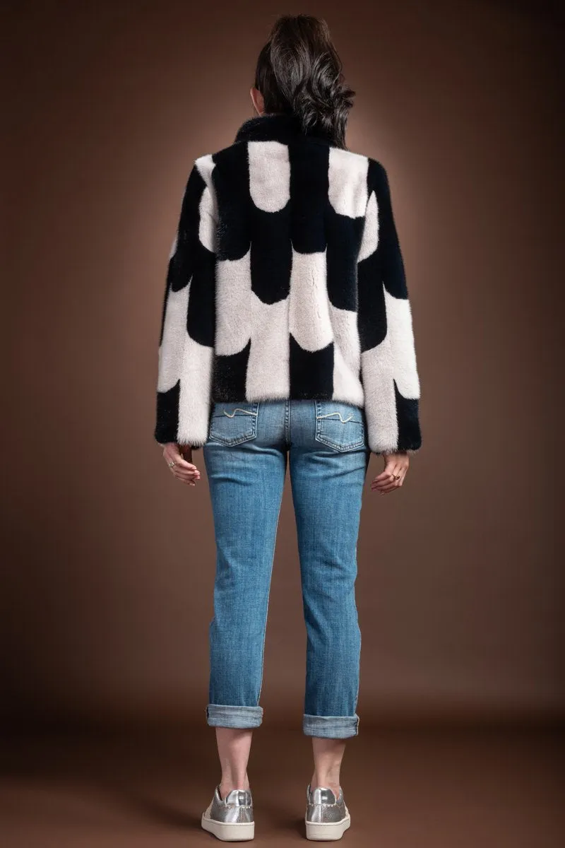 Navy and Gray Mod Print Snap Closure Mink Fur Jacket