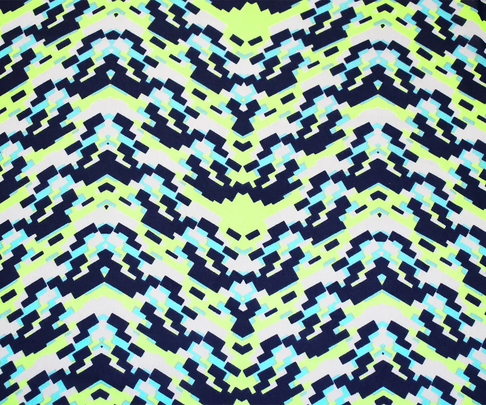 Navy-Lime Green-Multi Pixel Printed Poly Chiffon Woven Fabric