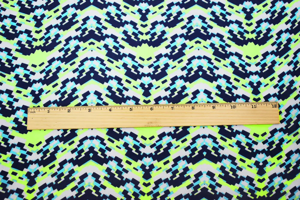 Navy-Lime Green-Multi Pixel Printed Poly Chiffon Woven Fabric