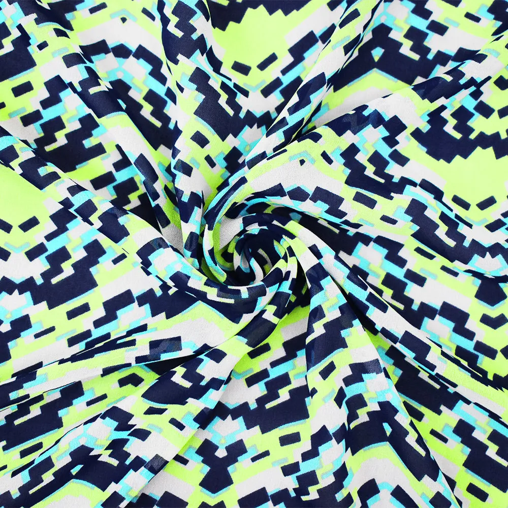Navy-Lime Green-Multi Pixel Printed Poly Chiffon Woven Fabric