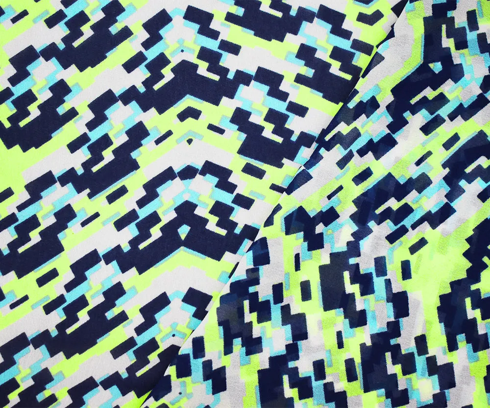 Navy-Lime Green-Multi Pixel Printed Poly Chiffon Woven Fabric