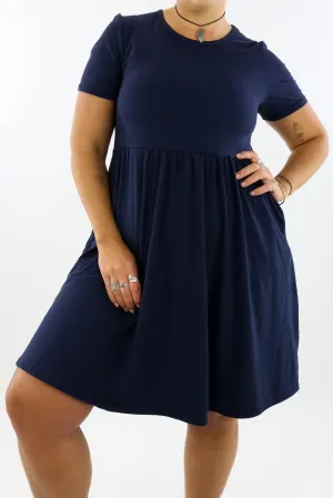 Navy - Short Sleeve Skater Dress - Knee Length - Side Pockets