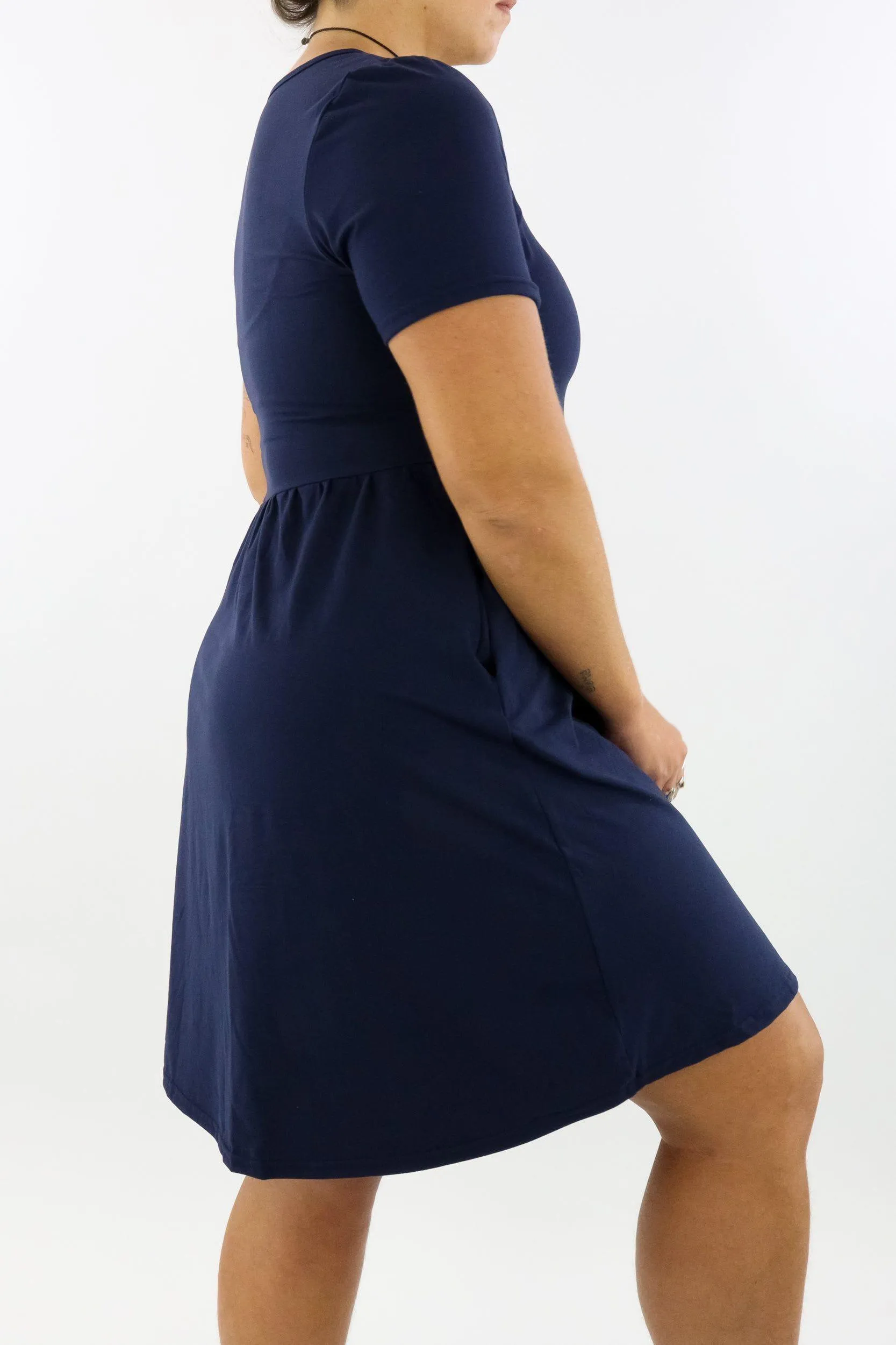 Navy - Short Sleeve Skater Dress - Knee Length - Side Pockets