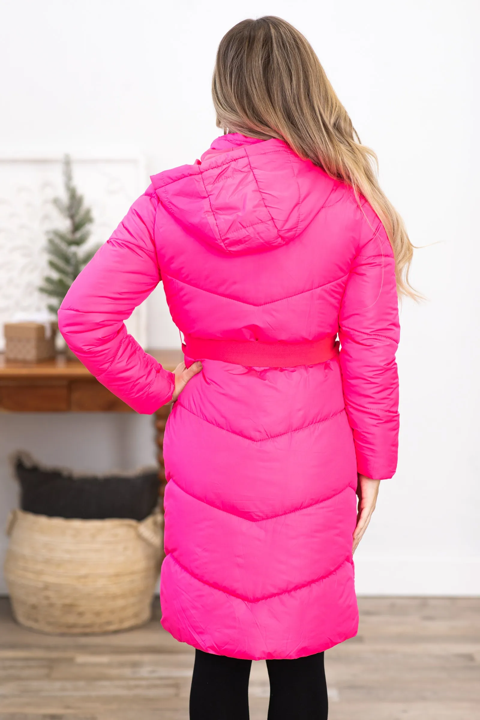 Neon Pink Belted Long Puffer Jacket With Hood