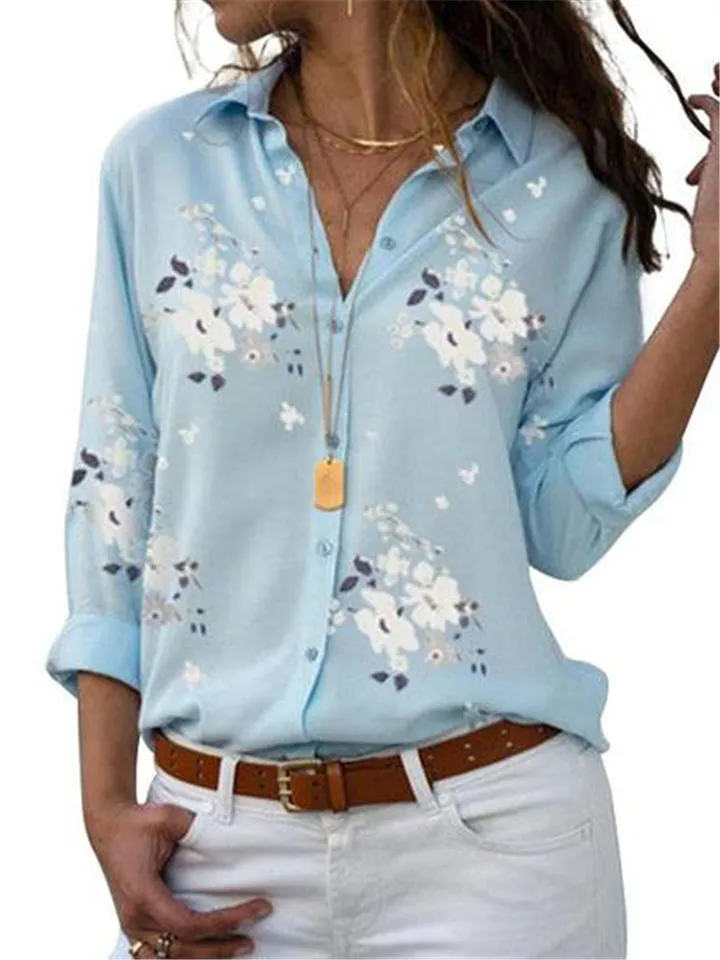 New Casual Fashion Long Sleeve Printed Lapel Women's Blouses