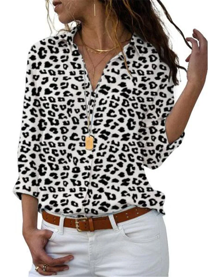 New Casual Fashion Long Sleeve Printed Lapel Women's Blouses