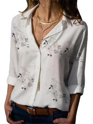 New Casual Fashion Long Sleeve Printed Lapel Women's Blouses