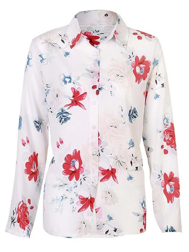 New Casual Fashion Long Sleeve Printed Lapel Women's Blouses