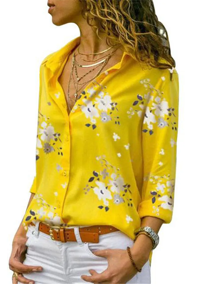 New Casual Fashion Long Sleeve Printed Lapel Women's Blouses