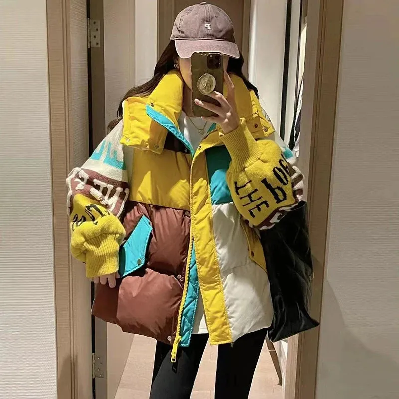 New Fashion Puffer Hooded Jacket Letter Stitching Women's Loose  Winter Coat Thick 90% Duck Down Coat