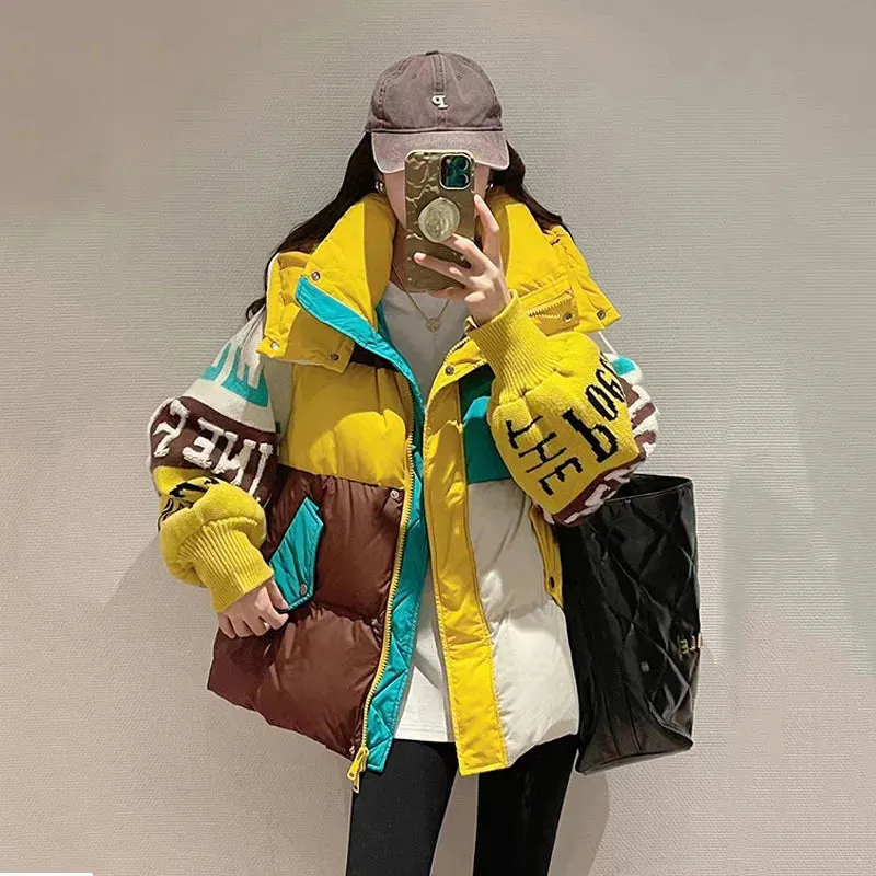 New Fashion Puffer Hooded Jacket Letter Stitching Women's Loose  Winter Coat Thick 90% Duck Down Coat