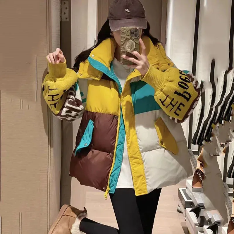 New Fashion Puffer Hooded Jacket Letter Stitching Women's Loose  Winter Coat Thick 90% Duck Down Coat