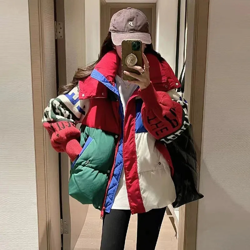 New Fashion Puffer Hooded Jacket Letter Stitching Women's Loose  Winter Coat Thick 90% Duck Down Coat