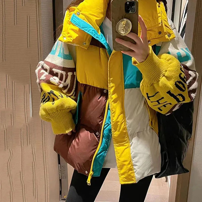 New Fashion Puffer Hooded Jacket Letter Stitching Women's Loose  Winter Coat Thick 90% Duck Down Coat