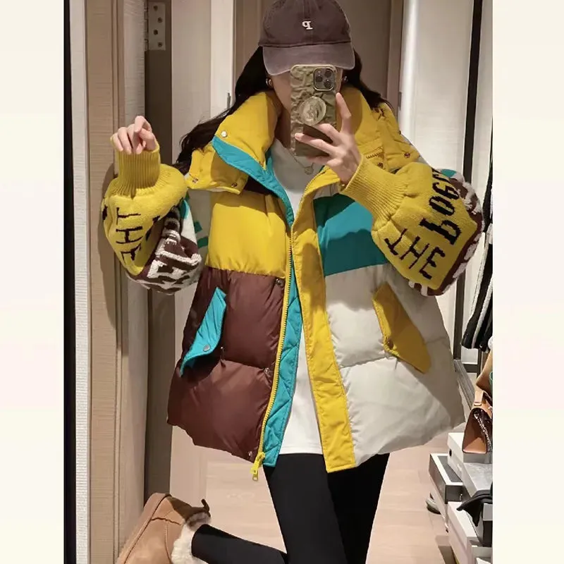 New Fashion Puffer Hooded Jacket Letter Stitching Women's Loose  Winter Coat Thick 90% Duck Down Coat