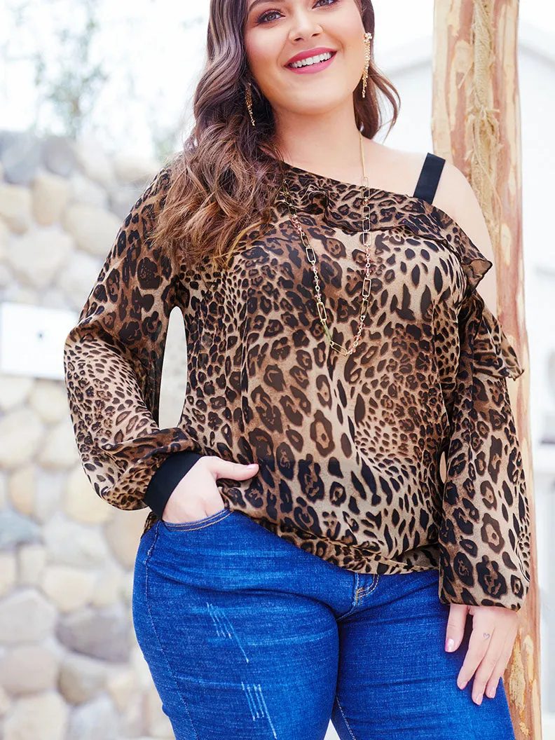 New Printed Bottoming Shirt Slanted Shoulder Sling Bubble Long Sleeve Leopard Print Top