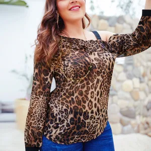 New Printed Bottoming Shirt Slanted Shoulder Sling Bubble Long Sleeve Leopard Print Top