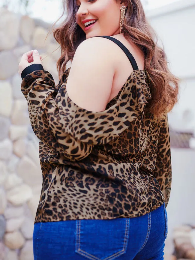 New Printed Bottoming Shirt Slanted Shoulder Sling Bubble Long Sleeve Leopard Print Top