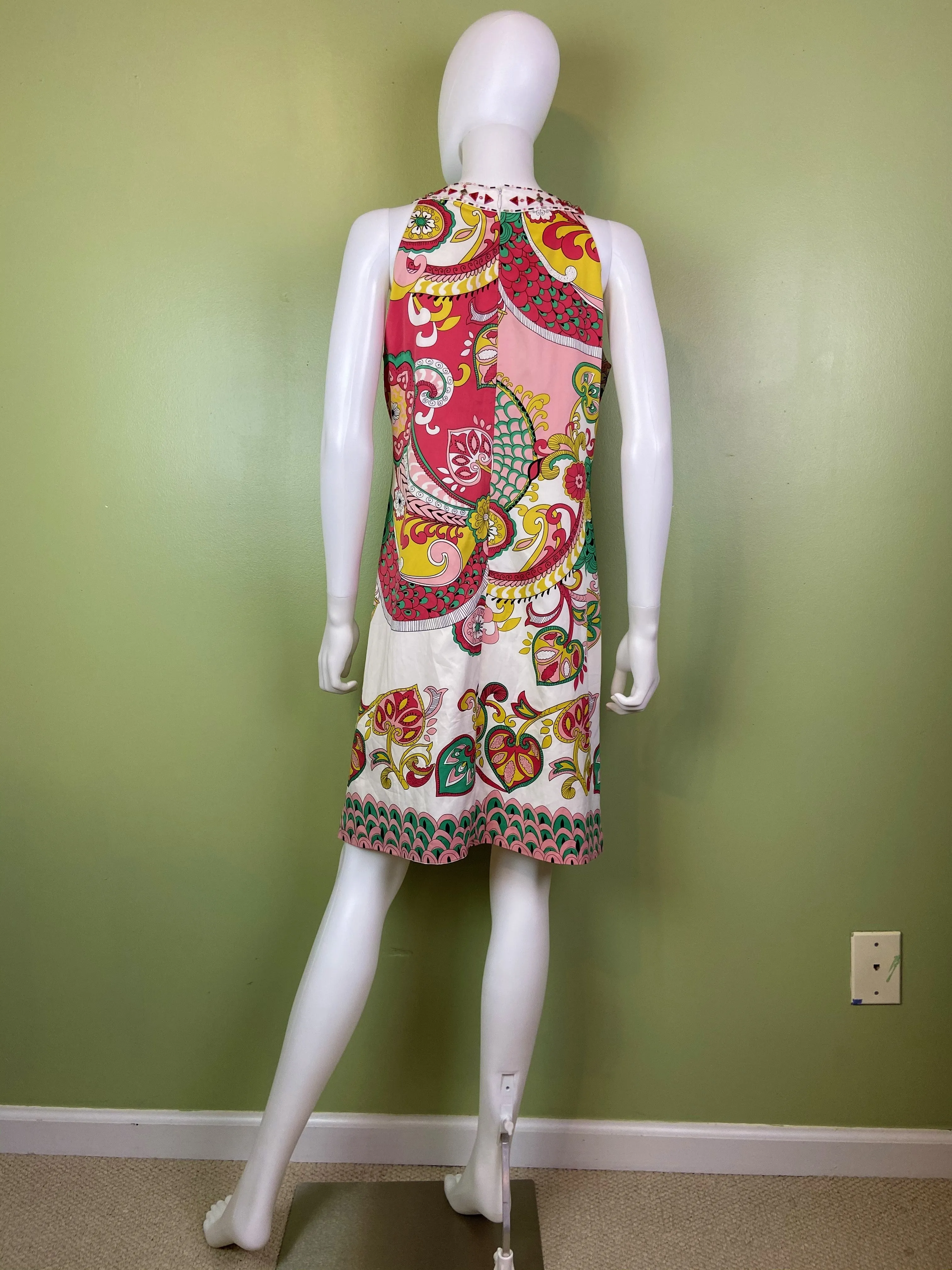 Nicole Miller Bejeweled Graphic Pink Green Silky Sheath Dress