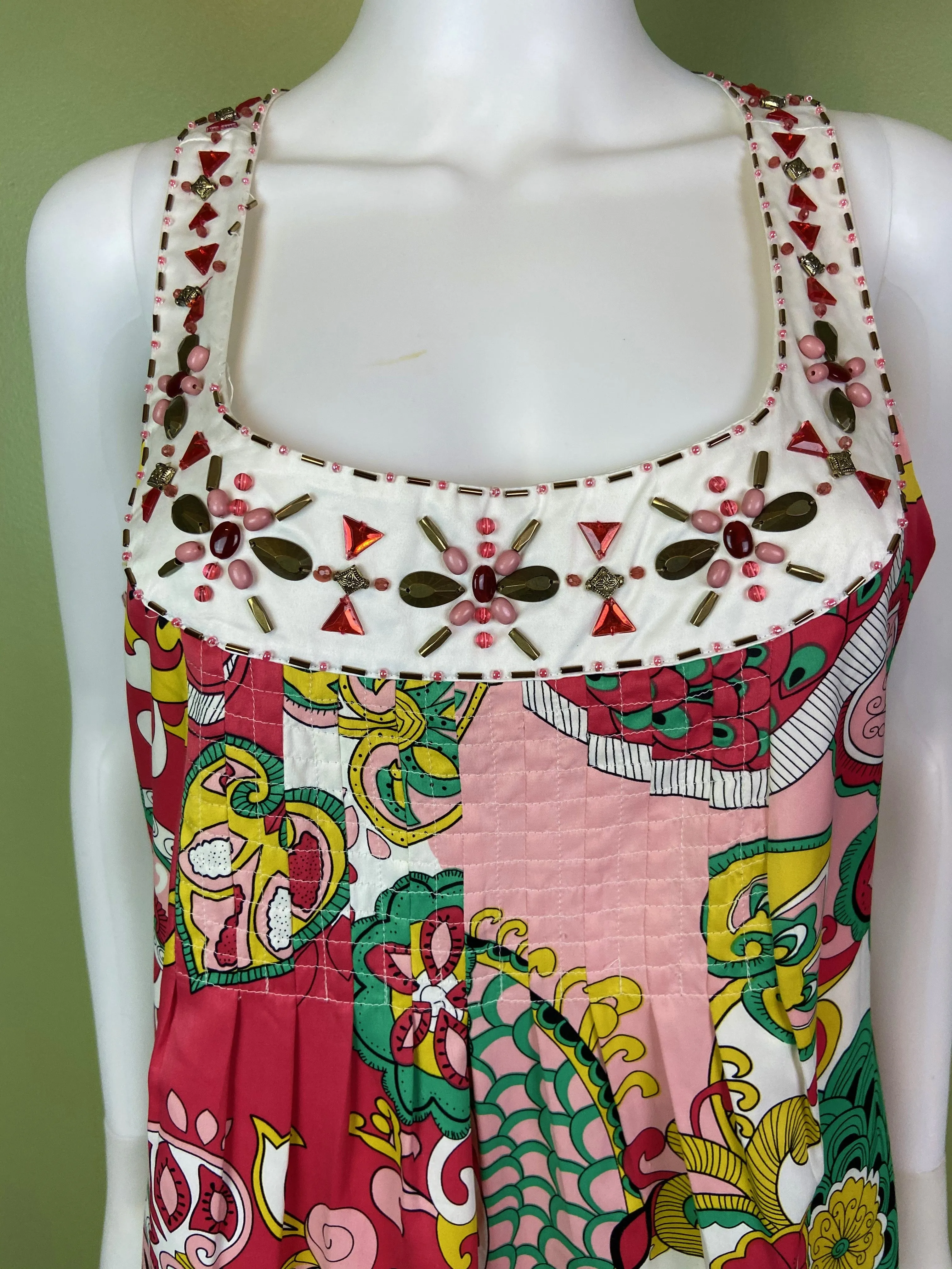Nicole Miller Bejeweled Graphic Pink Green Silky Sheath Dress