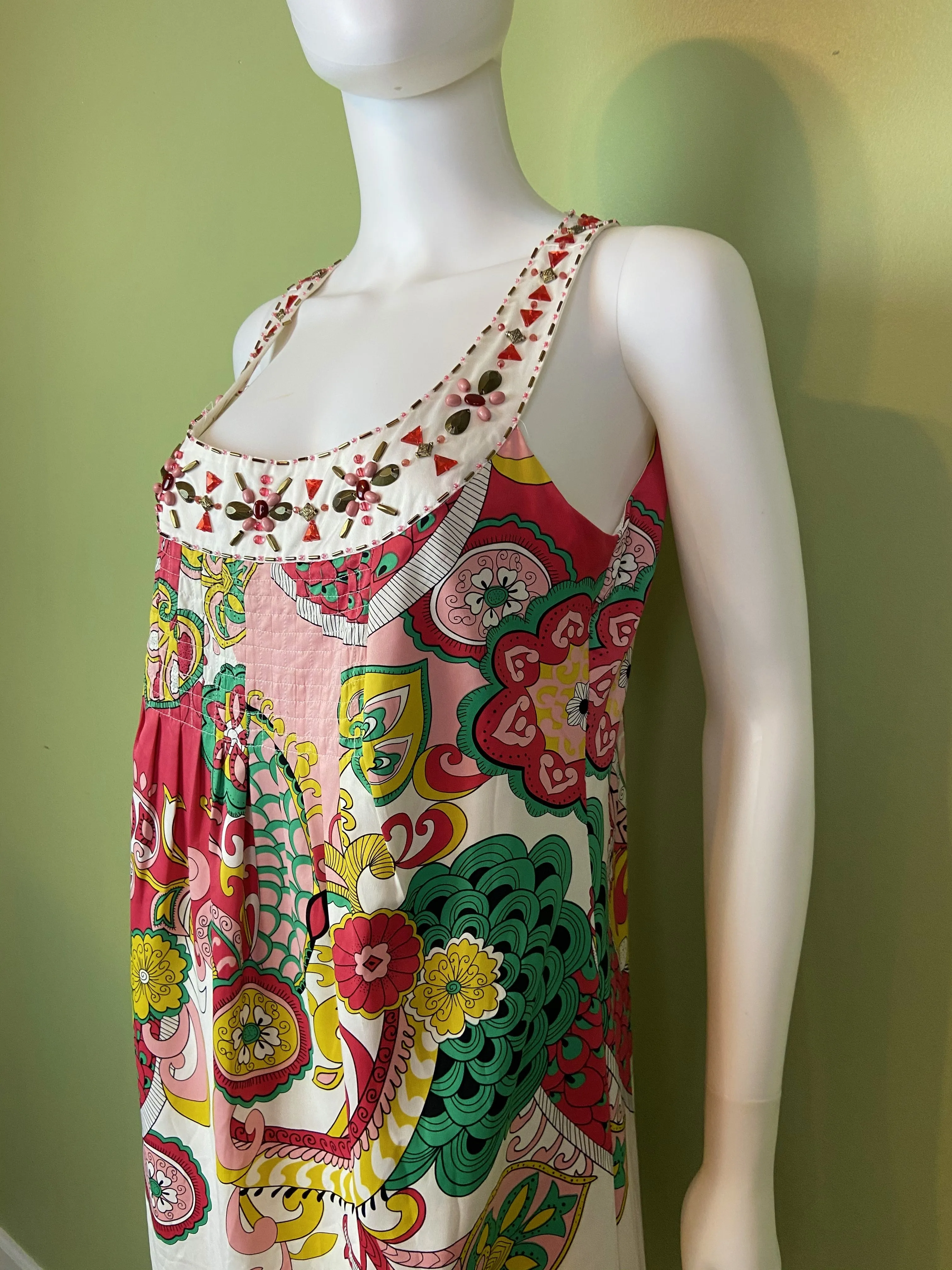 Nicole Miller Bejeweled Graphic Pink Green Silky Sheath Dress