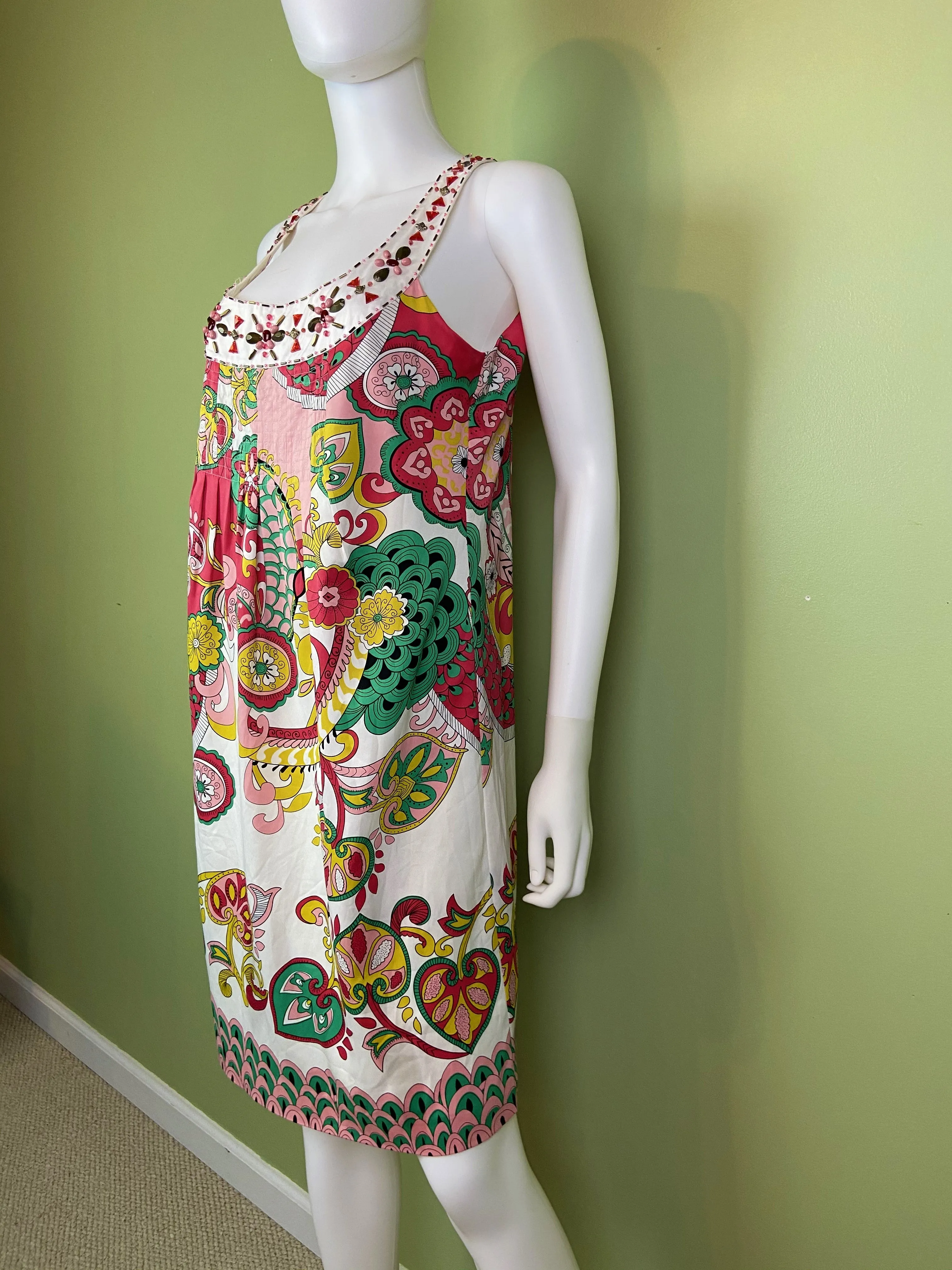 Nicole Miller Bejeweled Graphic Pink Green Silky Sheath Dress
