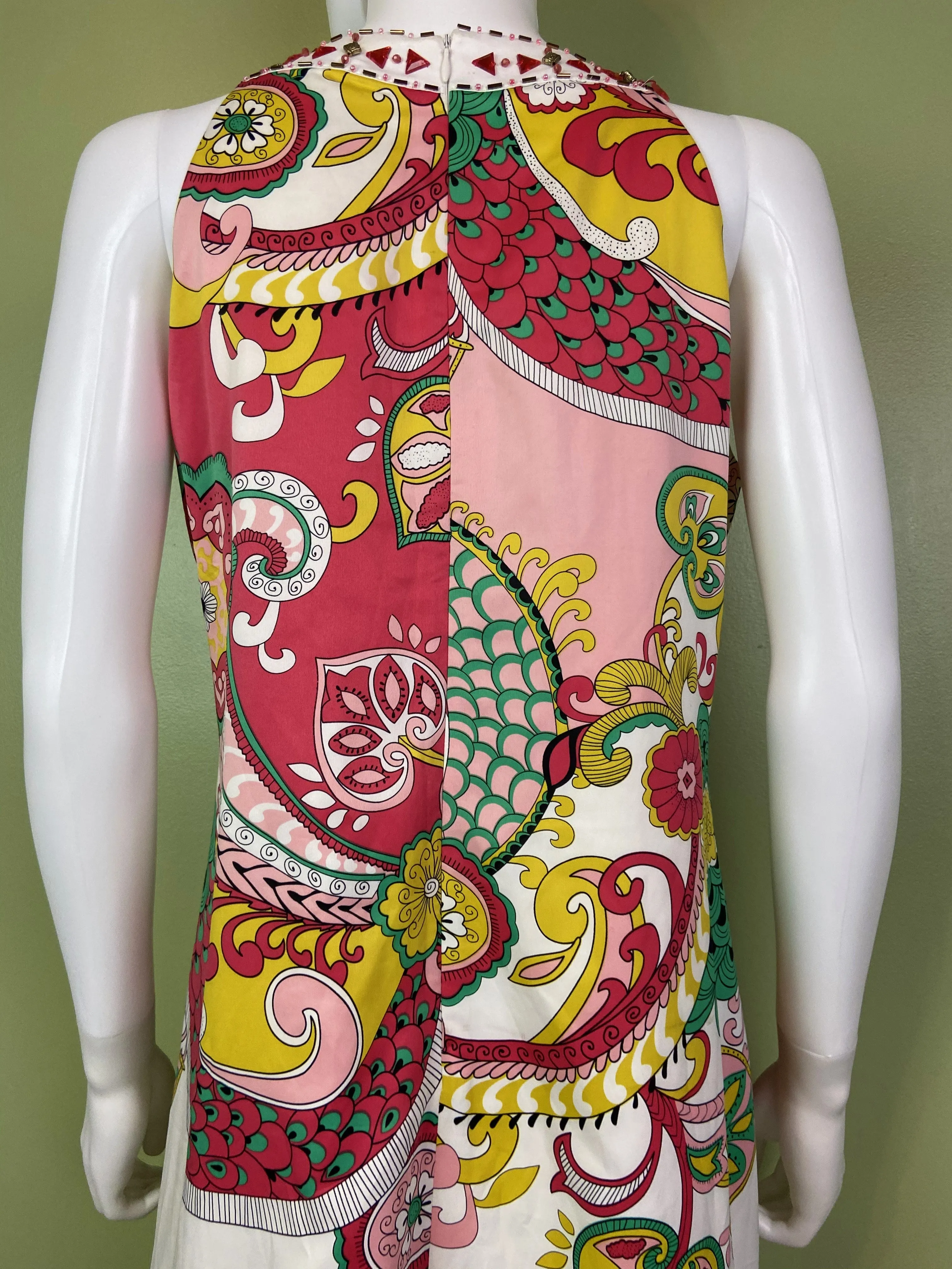 Nicole Miller Bejeweled Graphic Pink Green Silky Sheath Dress