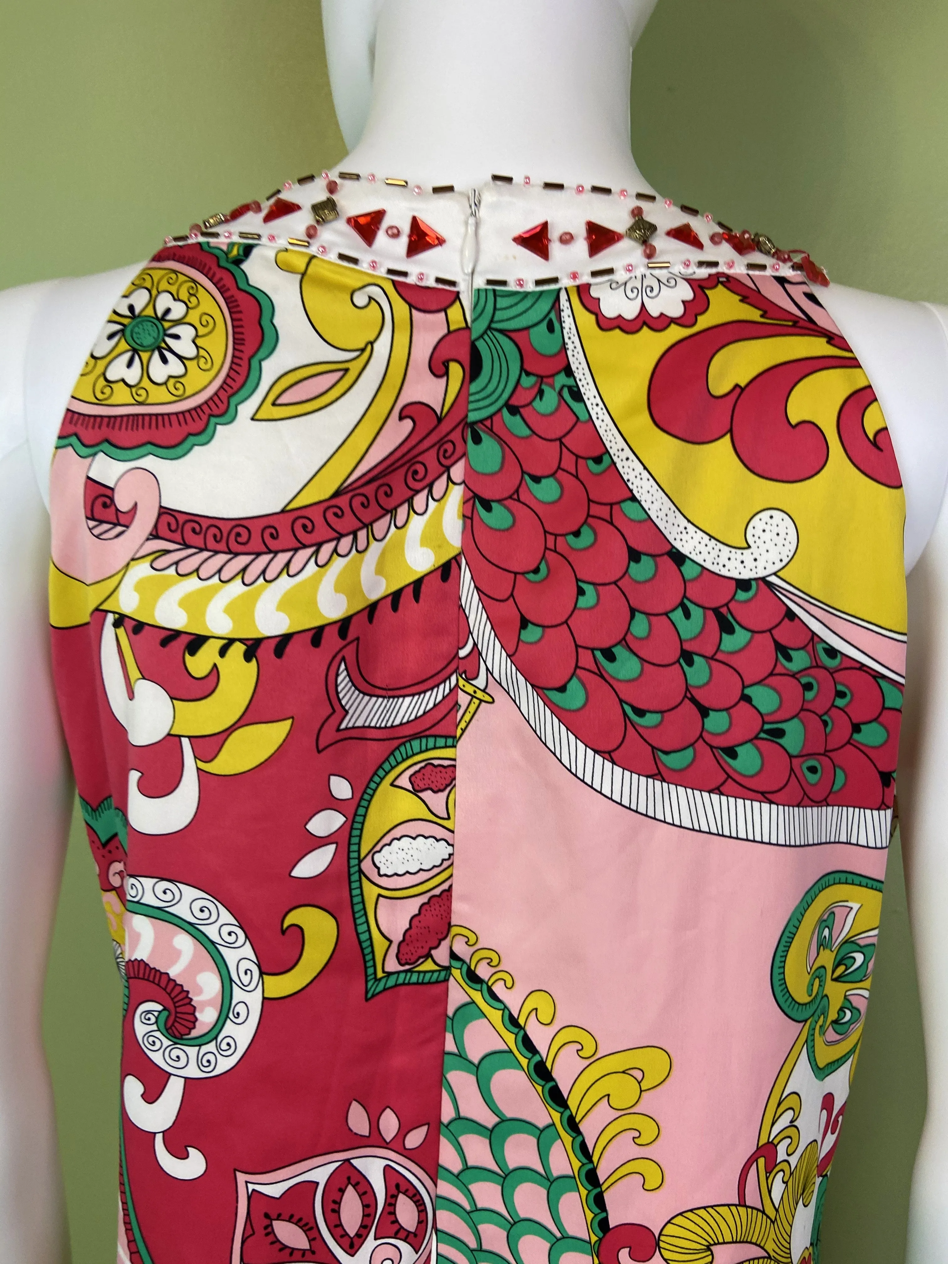 Nicole Miller Bejeweled Graphic Pink Green Silky Sheath Dress