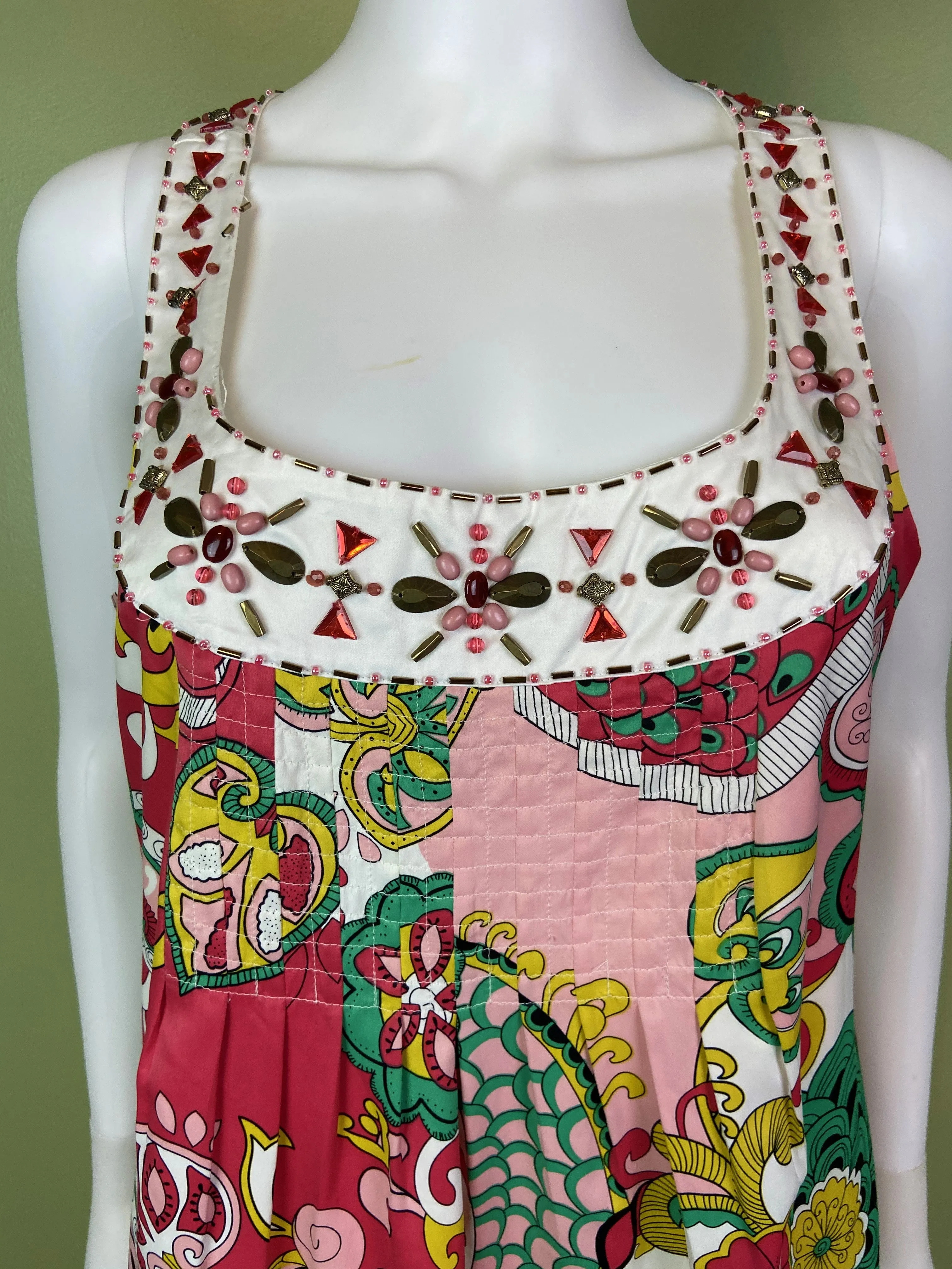 Nicole Miller Bejeweled Graphic Pink Green Silky Sheath Dress