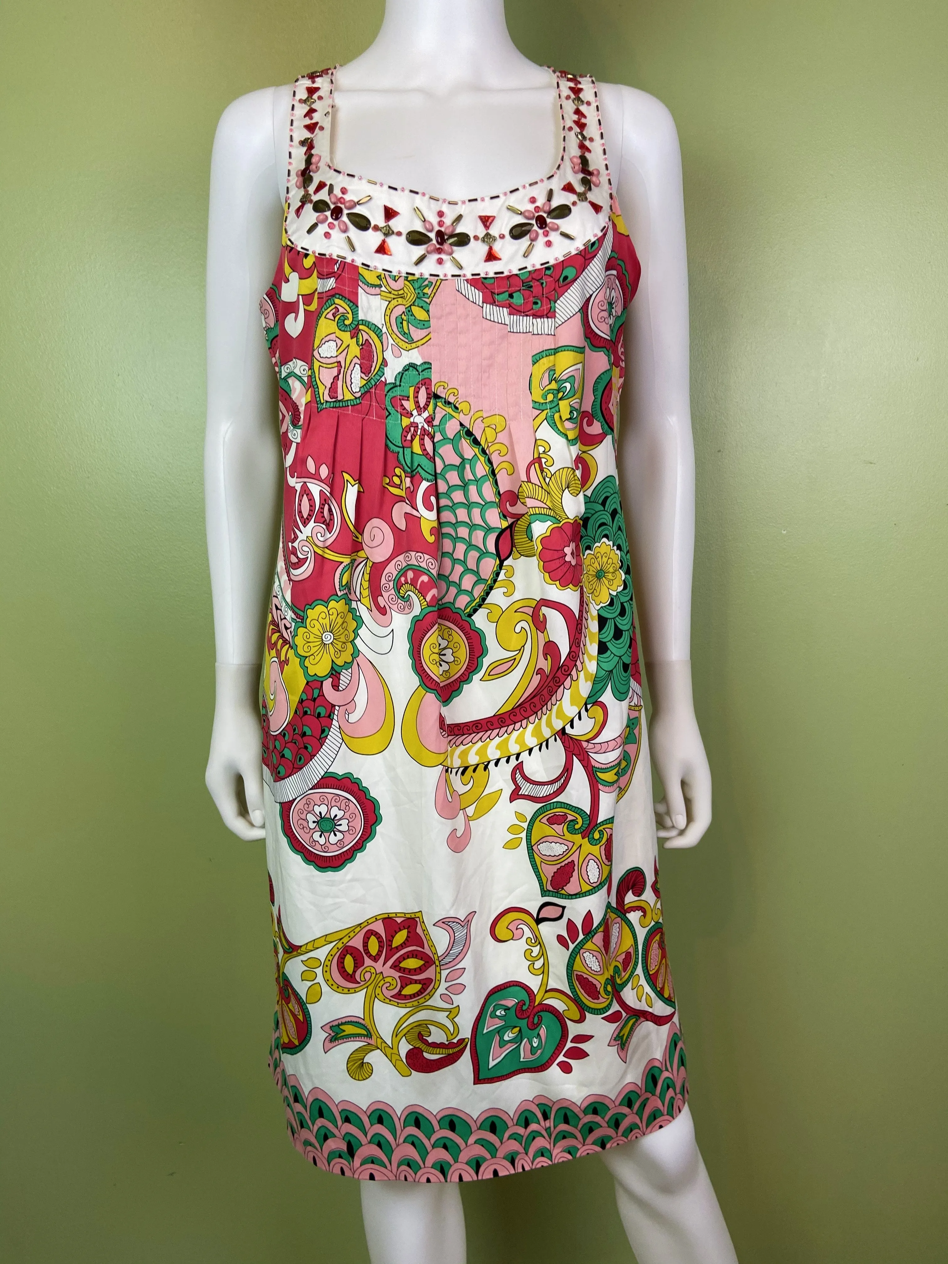 Nicole Miller Bejeweled Graphic Pink Green Silky Sheath Dress