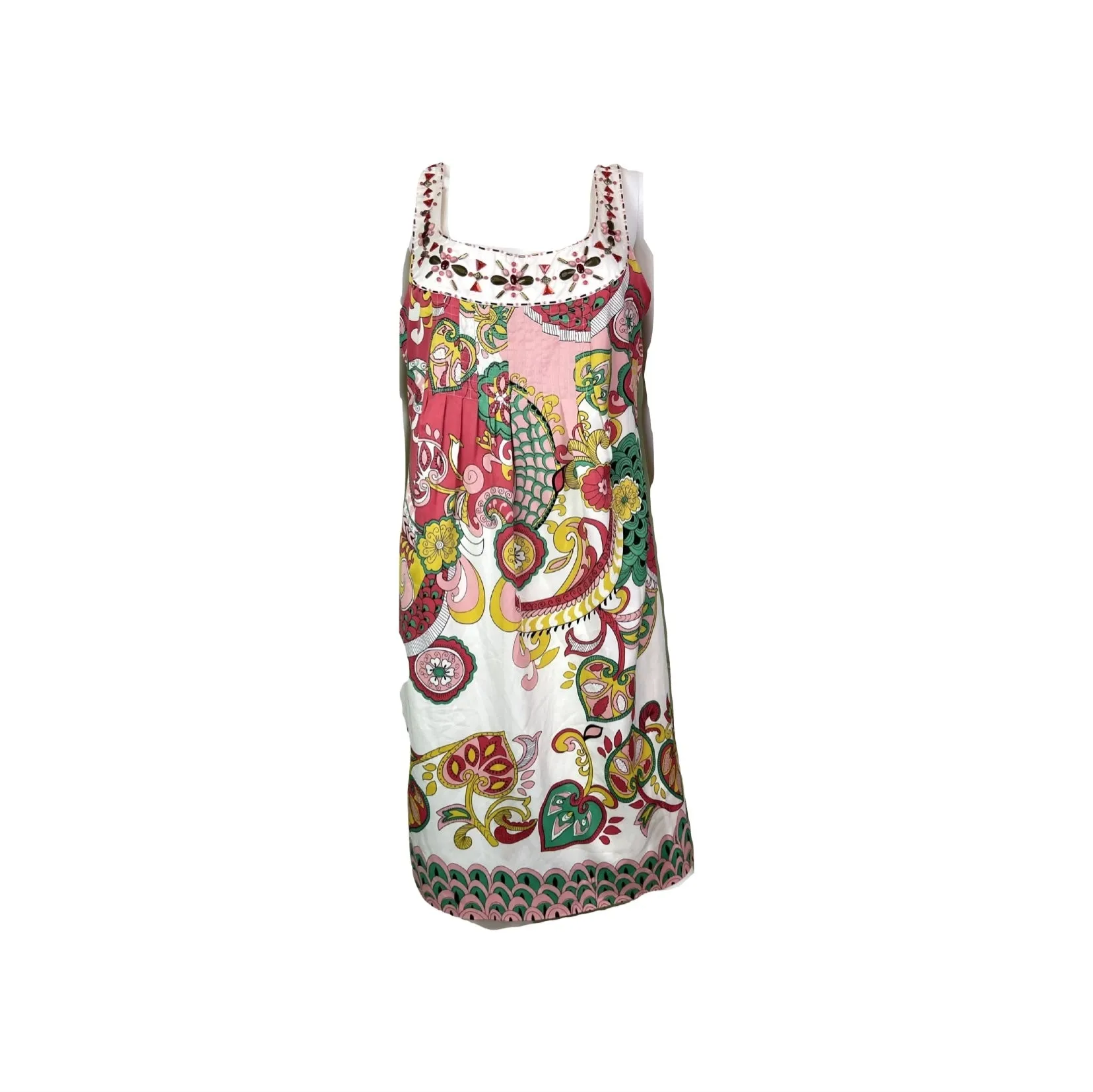 Nicole Miller Bejeweled Graphic Pink Green Silky Sheath Dress