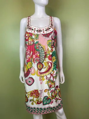 Nicole Miller Bejeweled Graphic Pink Green Silky Sheath Dress