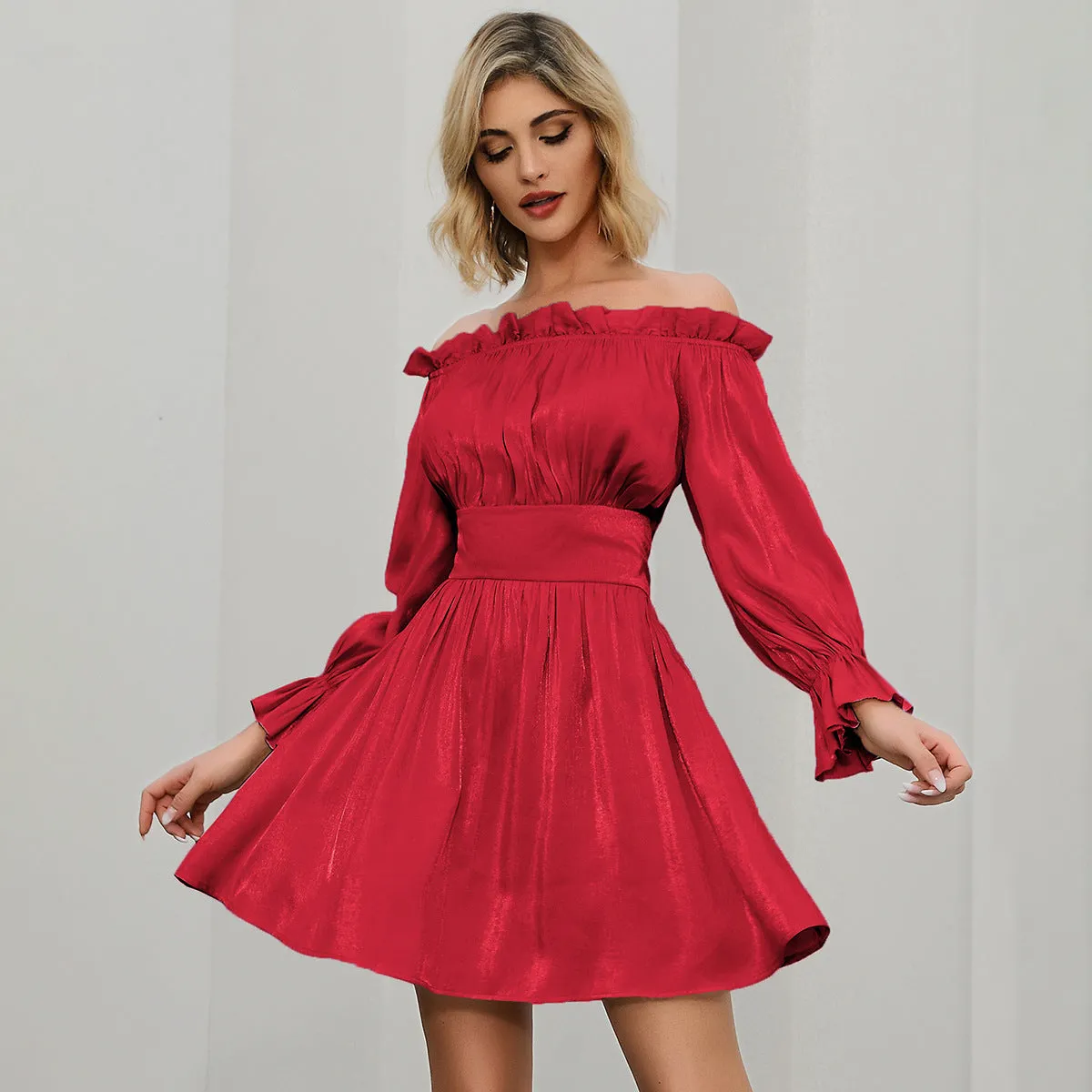 Off Shoulder Ruffled Skater Backless Mini Dresses
