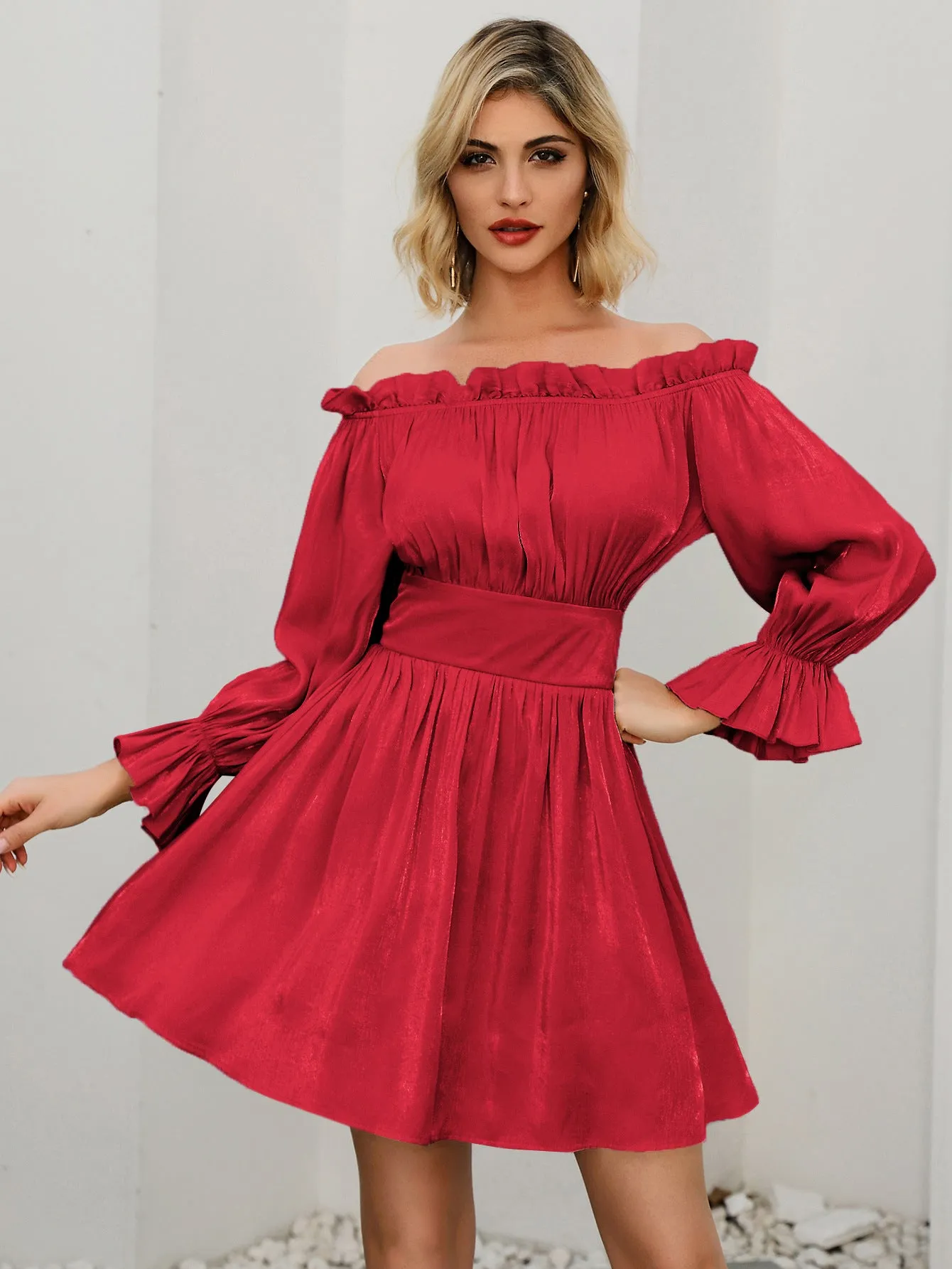 Off Shoulder Ruffled Skater Backless Mini Dresses